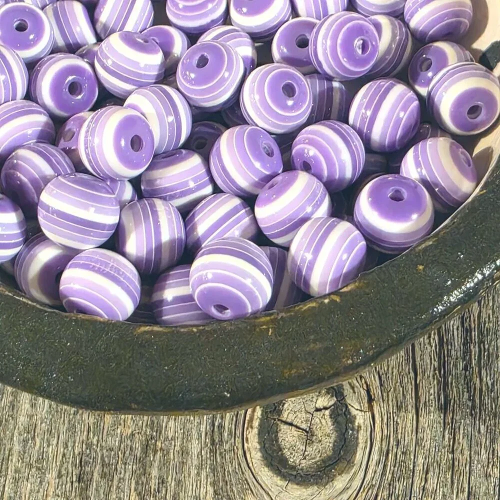 Vintage 70s Lucite Acrylic Striped 12mm Round Purple White Beads 10 pcs